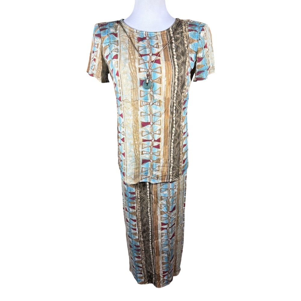 Forever Caroline Jim Elliot Womens 2pc Set Blue Brown Geometric Print Size 6